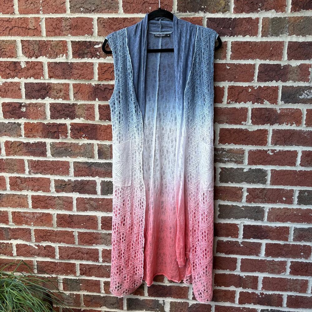 Dor Dor Couture Ombre Lace Open Front Duster Vest Red White Blue M
